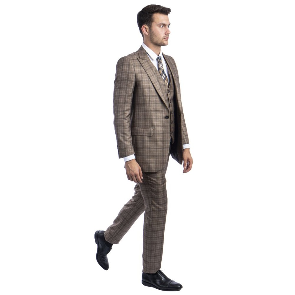 Brown Plaid 3pc Mens Slim Fit Suit by Tazio - Picture 2 of 4